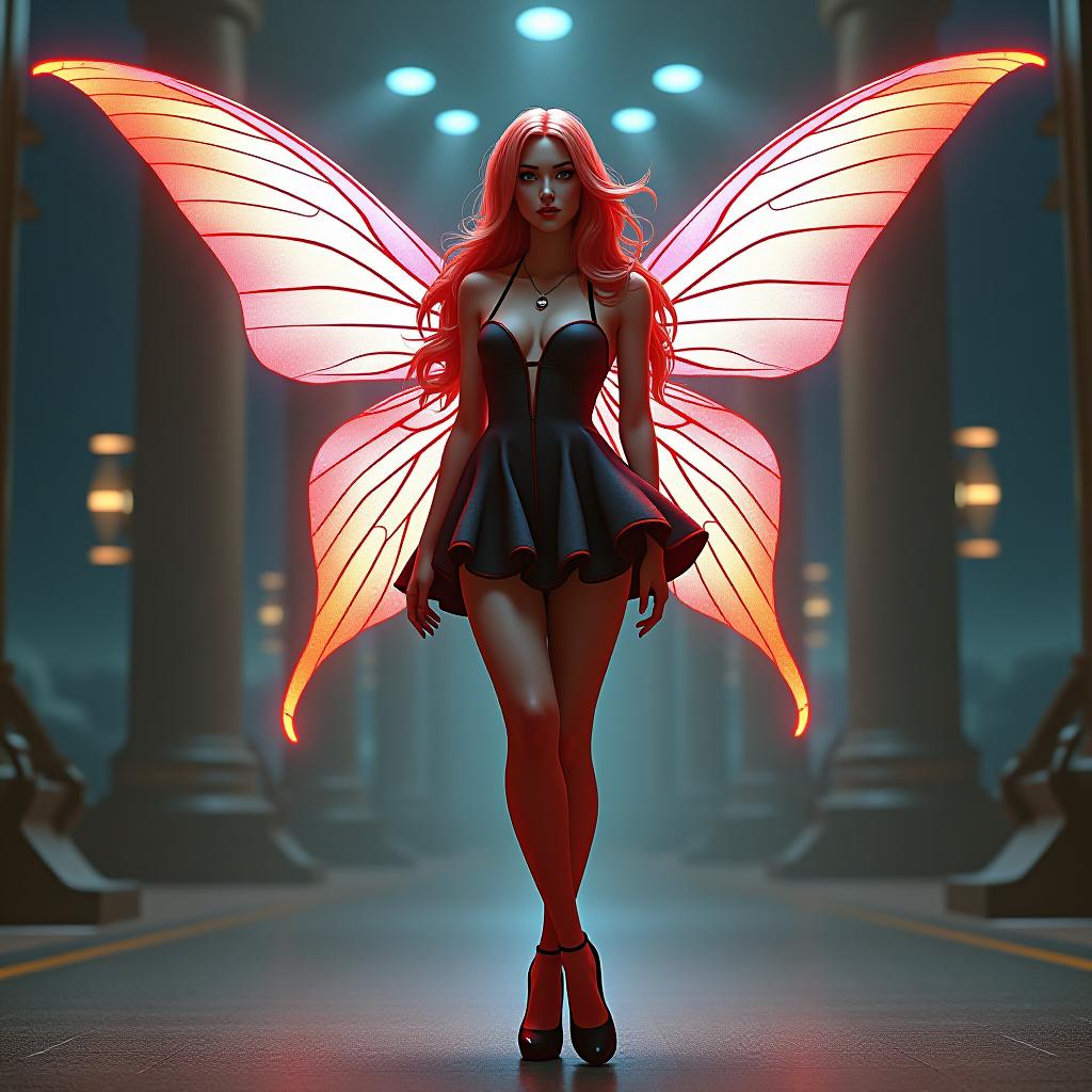  sci fi style the vector of a beautiful and spicy with wings and a high quality face, the fairy stands full in the and model potion in the stockings, the shoes in very high beds, in a short dress of bright hair, the hair stained in the cos . futuristic, technological, alien worlds, space themes, advanced civilizations hyperrealistic, full body, detailed clothing, highly detailed, cinematic lighting, stunningly beautiful, intricate, sharp focus, f/1. 8, 85mm, (centered image composition), (professionally color graded), ((bright soft diffused light)), volumetric fog, trending on instagram, trending on tumblr, HDR 4K, 8K