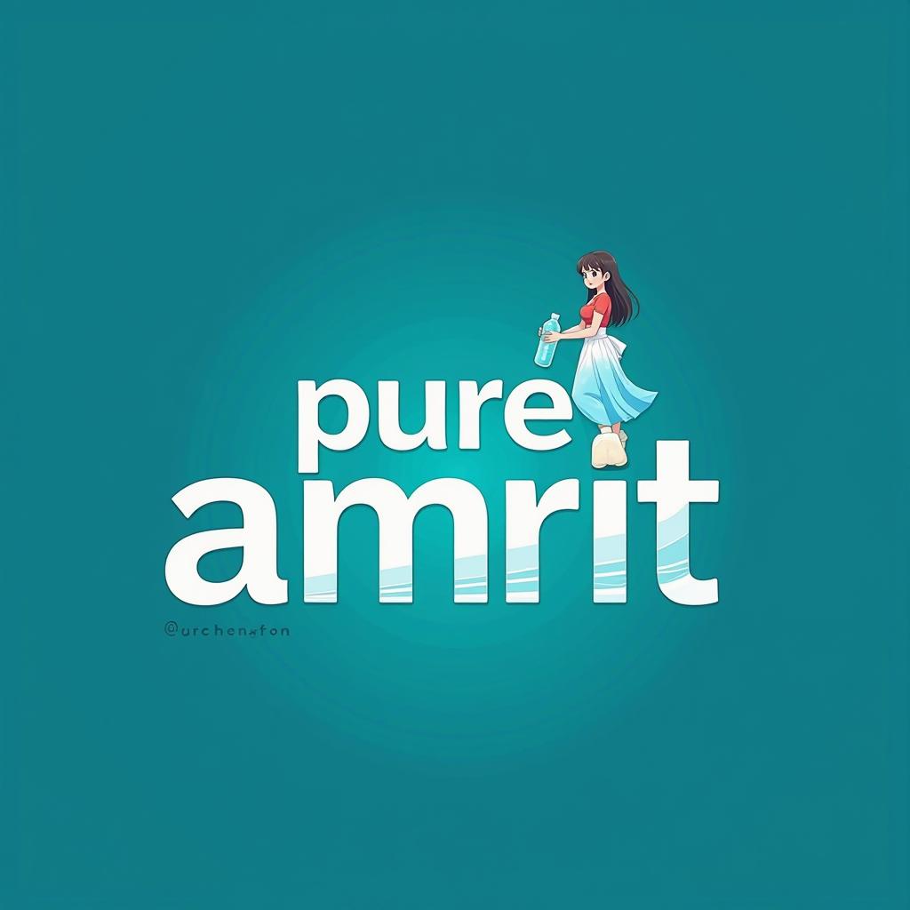  design a logo for a mineral water brand named 'pure amrit.' the logo should feature the text 'pure amrit' in an indian anime style font. above the text, include a small anime character of an indian girl, representing hydration and freshness, perhaps holding a water bottle. use a color palette of calming blues and greens to evoke a refreshing feel, with a transparent background for versatility., high quality, high details, hd, perfect composition, 4k epic detailed, highly detailed, sharp focus, high resolution