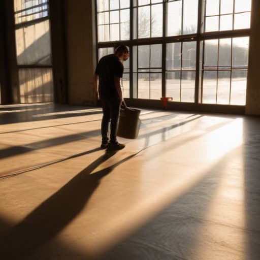 A photo of a skilled concrete flooring artisan polishing a finished floor in a sprawling industrial warehouse during the late afternoon with warm, golden sunlight streaming through high windows, casting long shadows and creating a dramatic play of light and shadow on the textured surface.