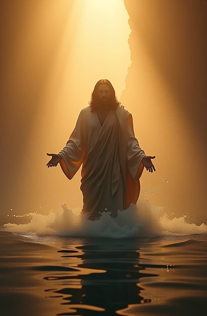  jesus saliendo de un manantial de agua hyperrealistic, full body, detailed clothing, highly detailed, cinematic lighting, stunningly beautiful, intricate, sharp focus, f/1. 8, 85mm, (centered image composition), (professionally color graded), ((bright soft diffused light)), volumetric fog, trending on instagram, trending on tumblr, HDR 4K, 8K