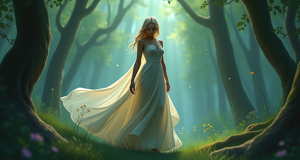  an ethereal figure in flowing garments, trying to remain composed in a whimsical, tense forest. struggling to hide discomfort, visibly tense, ethereal struggle.. the style is digital art illustration,highly detailed, whimsical,magical, dreamlike atmosphere, realism and fantasy blend, smooth, glossy textures,luminous quality, wonder and enchantment.