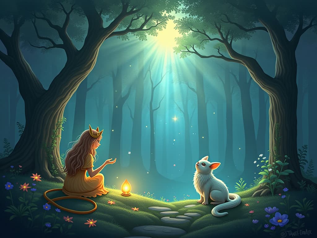  envision a peaceful, ethereal scene with glowing light and serene forest. mystical creatures and radiant symbols reflect inner peace.. the style is digital art illustration,highly detailed, whimsical,magical, dreamlike atmosphere, realism and fantasy blend, smooth, glossy textures,luminous quality, wonder and enchantment.