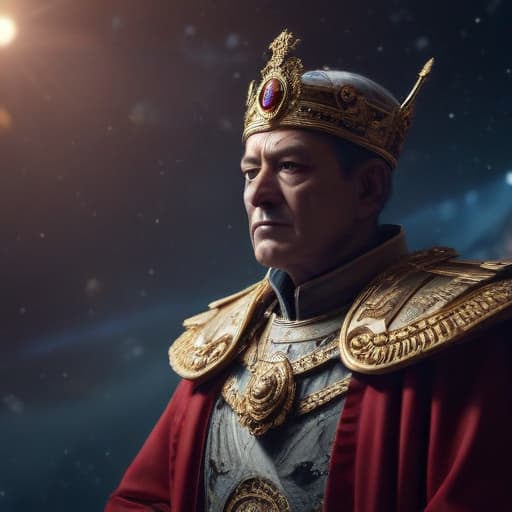 An emperor gives a word to his people in Cinematic style with Space background