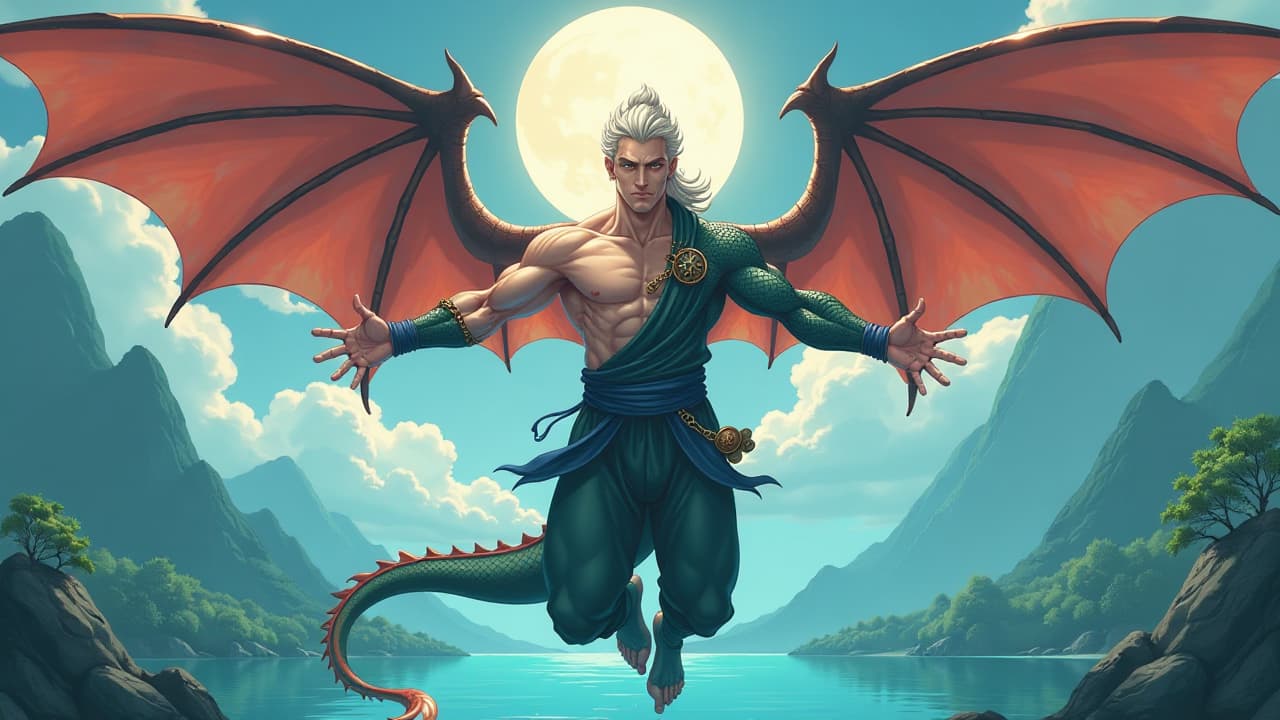  anime, anime sytle, anime image, cartoon, real cartoon, real anime, charming and ripped male monk with dragon wings and dragonscale skin floating above lake while arms stretching wide emitting orbs