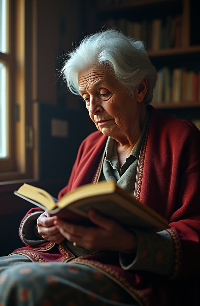  una abuela transmitiendo historias a su nieto hyperrealistic, full body, detailed clothing, highly detailed, cinematic lighting, stunningly beautiful, intricate, sharp focus, f/1. 8, 85mm, (centered image composition), (professionally color graded), ((bright soft diffused light)), volumetric fog, trending on instagram, trending on tumblr, HDR 4K, 8K