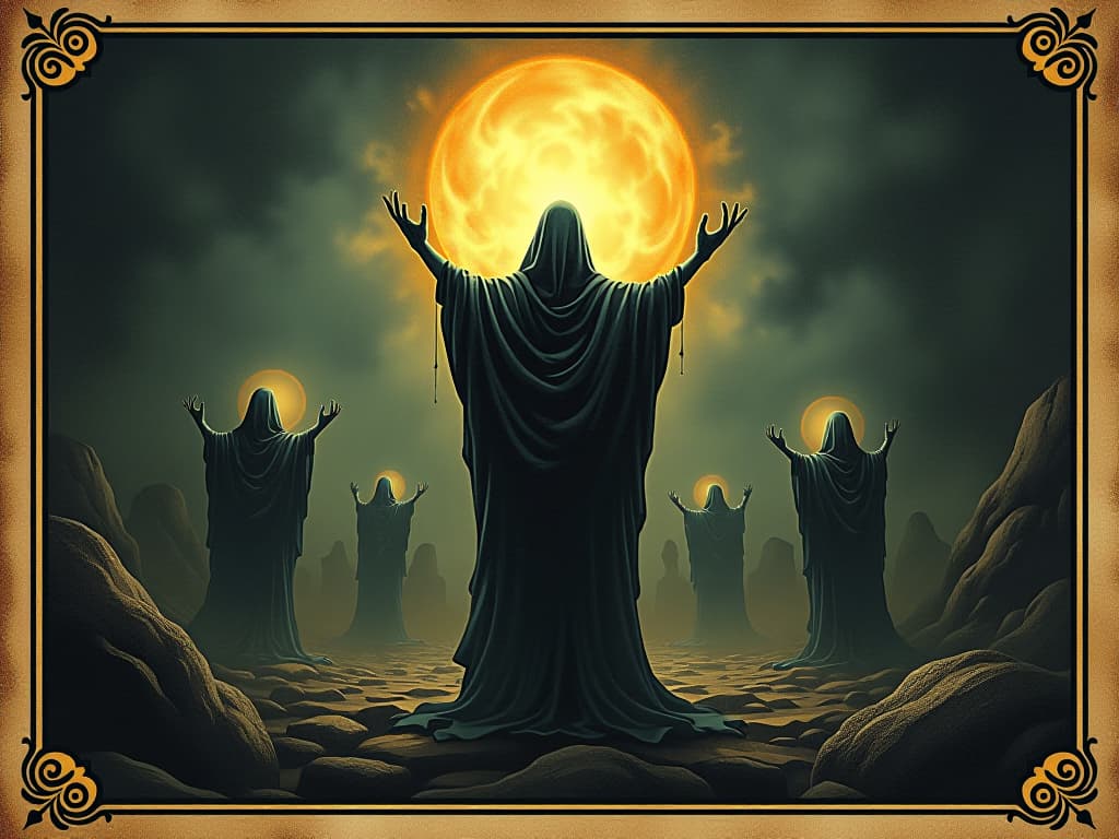  bringing light, guiding figure, glowing aura, shadows recede, mystical light, figures reaching out, spiritual guidance. an illustration in the style of a worn, mystical old tarot trump card, mysterious and elements of surrealism. the colors are muted, somber and eerie, but with contrast bring out an occult and esoteric vibe.