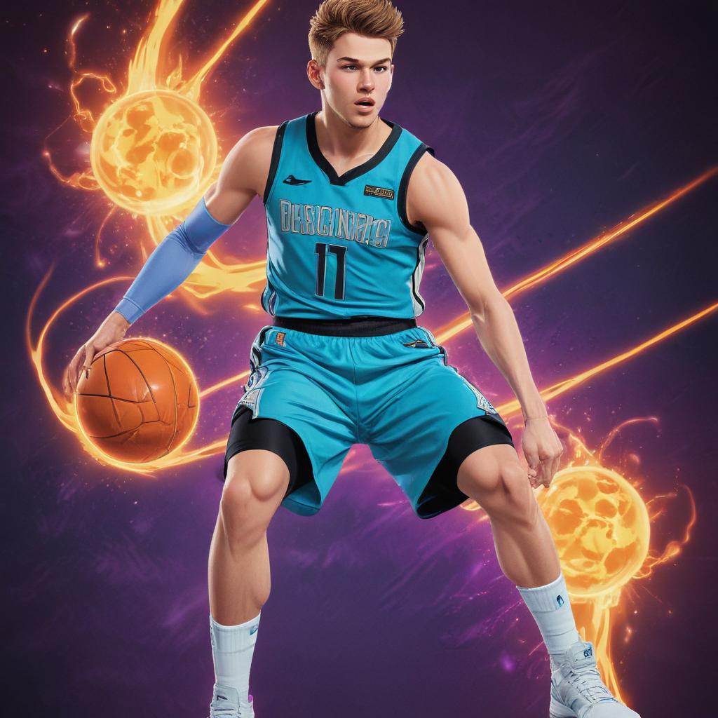 distance-shot, flashy, full-body, dynamic, holographic, animated cartoon poster of luka doncic in the style of dragon ball super