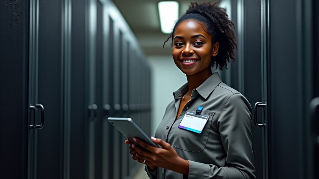  black woman working in server room, casual costume with identity tag, holding tablet, thinking expression, looking at camera