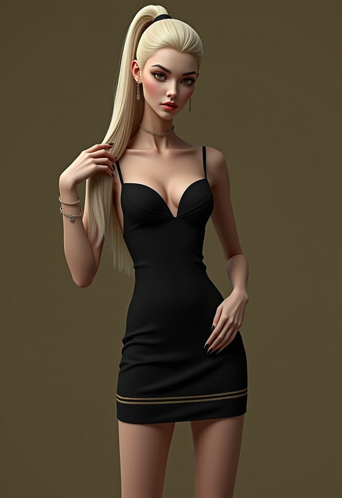  hyperrealistic art anorexic young thin ager 2 of high stature very thin (((skinny extra super long legs:1.4))) blonde ponytail (((thin white face extra long straight nose:1.4))) tight black extra short dress with thin gold stripes (((elegant shoes with exra high platform and thin super long heels 25cm:1.4))) jewelry watch on hand small shoulder bag stands sideways in an extravagant pose looks at the camera holds hair with one hand as if straightening the other hand on the waist posing outdoor coudy day in ghotic relict wood high angle view maximum realism award winning, professional, highly detailed dark, mysterious, haunting, dramatic, ornate, high fashion, trendy, stylish, editorial, uhd 8k . extremely h