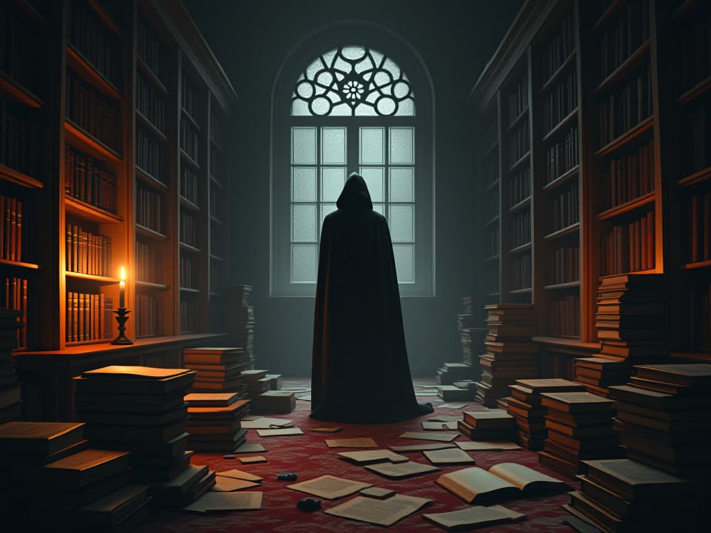  a haunted library with a cloaked figure standing amidst scattered books, dusty tomes, dim candlelight. wondering how they strayed, eerie and introspective mood.. the style is dark fantasy and mysterious occult, symbolic, moody lighting, esoteric vibe,high detail on character design. for the color scheme emphasize blacks and reds.