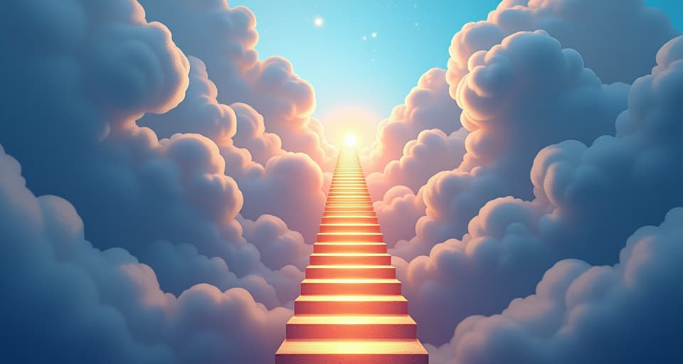  ethereal ladder ascending into the clouds, glowing steps, connection to heaven. the style is digital art illustration,highly detailed, whimsical,magical, dreamlike atmosphere, realism and fantasy blend, smooth, glossy textures,luminous quality, wonder and enchantment.