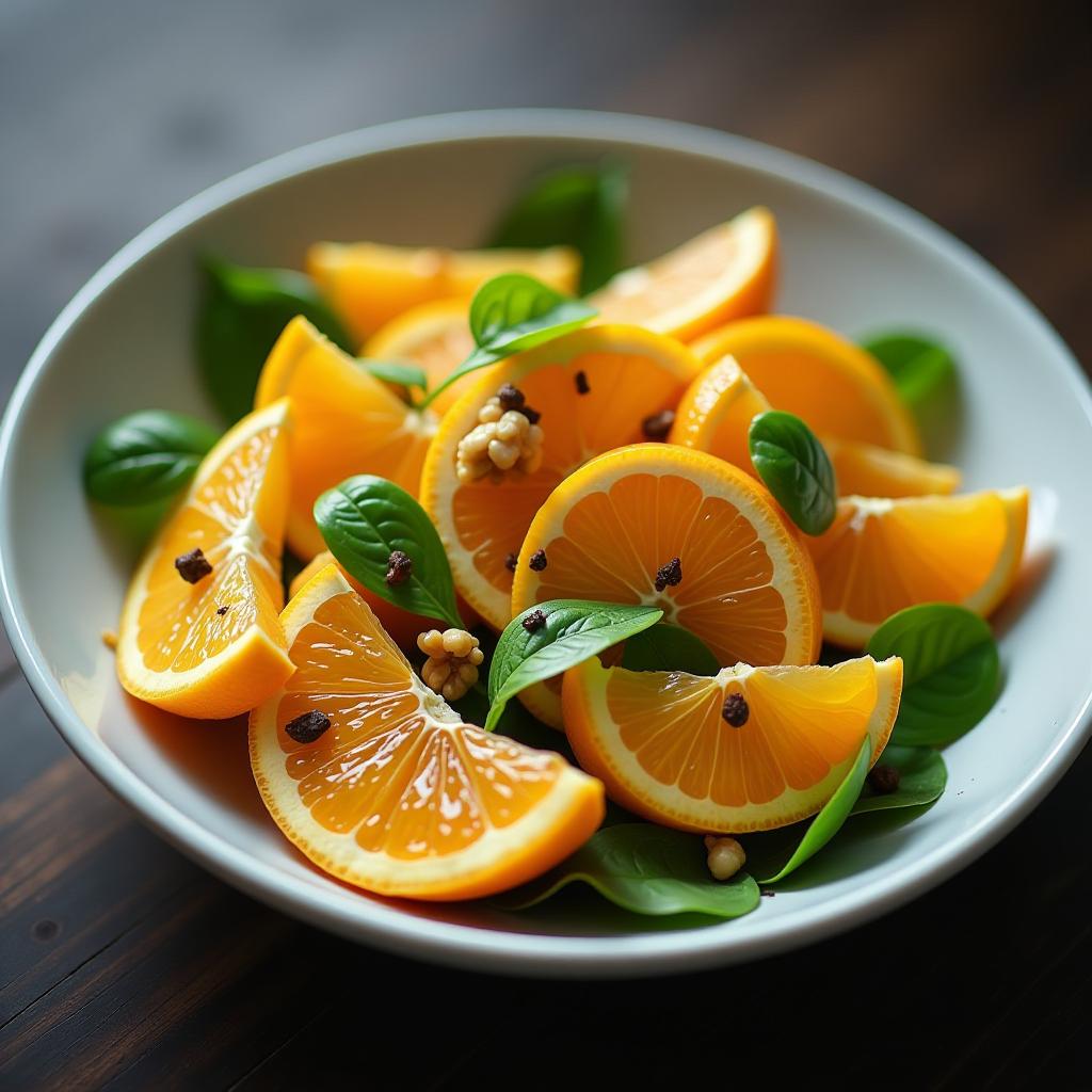  a salad made of sliced orange wedges, crushed walnuts, dressed with honey. no greens. hyperrealistic, full body, detailed clothing, highly detailed, cinematic lighting, stunningly beautiful, intricate, sharp focus, f/1. 8, 85mm, (centered image composition), (professionally color graded), ((bright soft diffused light)), volumetric fog, trending on instagram, trending on tumblr, HDR 4K, 8K