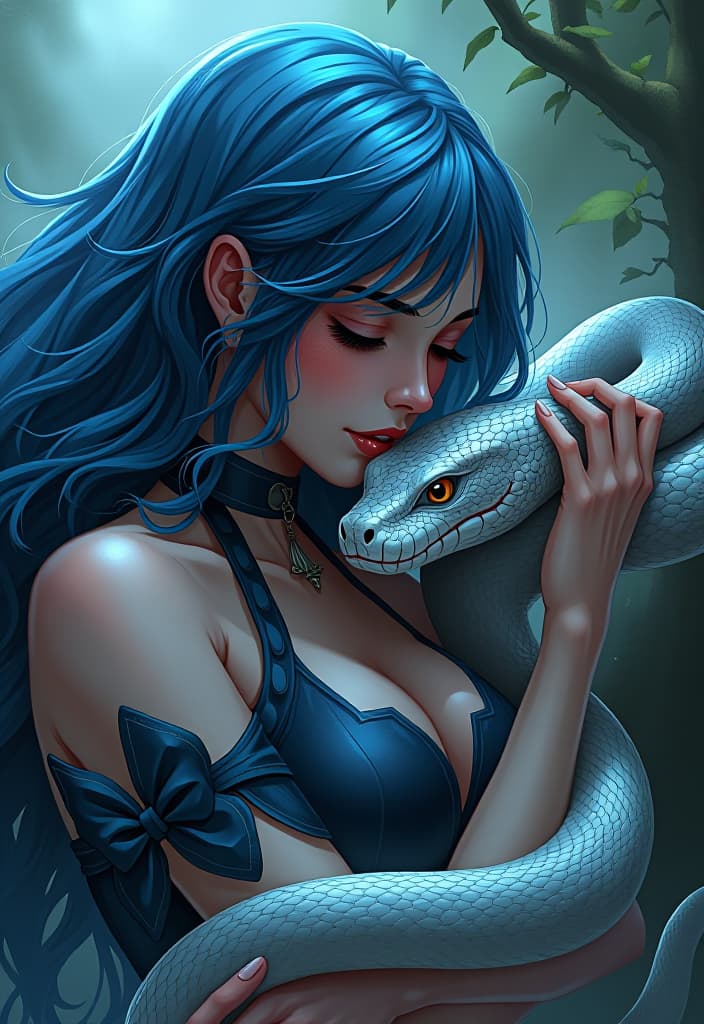  comic beautiful with blue hair makes love with a big silver snake gently hugs snake. snake bends from caresses . graphic ilration, comic art, graphic novel art, vint, highly detailed hyperrealistic, full body, detailed clothing, highly detailed, cinematic lighting, stunningly beautiful, intricate, sharp focus, f/1. 8, 85mm, (centered image composition), (professionally color graded), ((bright soft diffused light)), volumetric fog, trending on instagram, trending on tumblr, HDR 4K, 8K