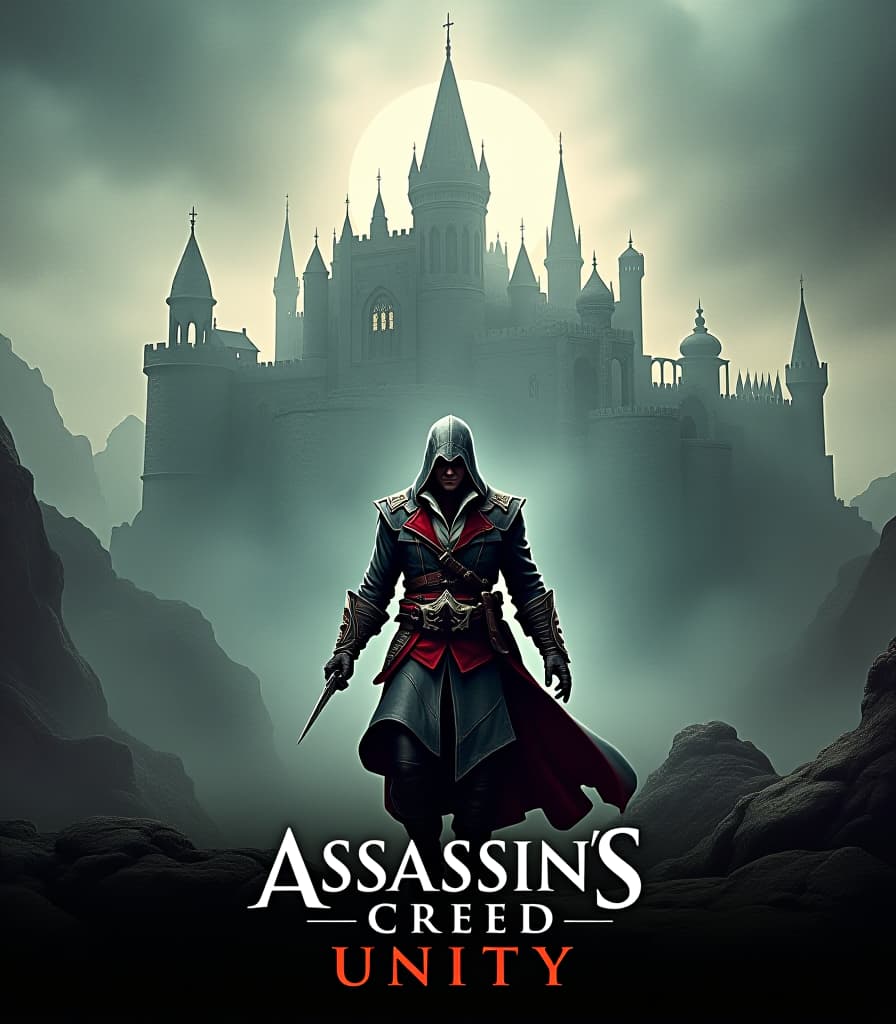  gothic style old poster, assassin's creed unity game poster, assassin's castle in masyaf, assassin in foreground, text at bottom in capital letters "assassin's creed unity", high detail, high resolution, detailed skin, detailed eyes, detailed background, cinematic, (large depth of field:1.4), hyper realism, lots of small details, perfect composition and angle. . dark, mysterious, haunting, dramatic, ornate, detailed hyperrealistic, full body, detailed clothing, highly detailed, cinematic lighting, stunningly beautiful, intricate, sharp focus, f/1. 8, 85mm, (centered image composition), (professionally color graded), ((bright soft diffused light)), volumetric fog, trending on instagram, trending on tumblr, HDR 4K, 8K