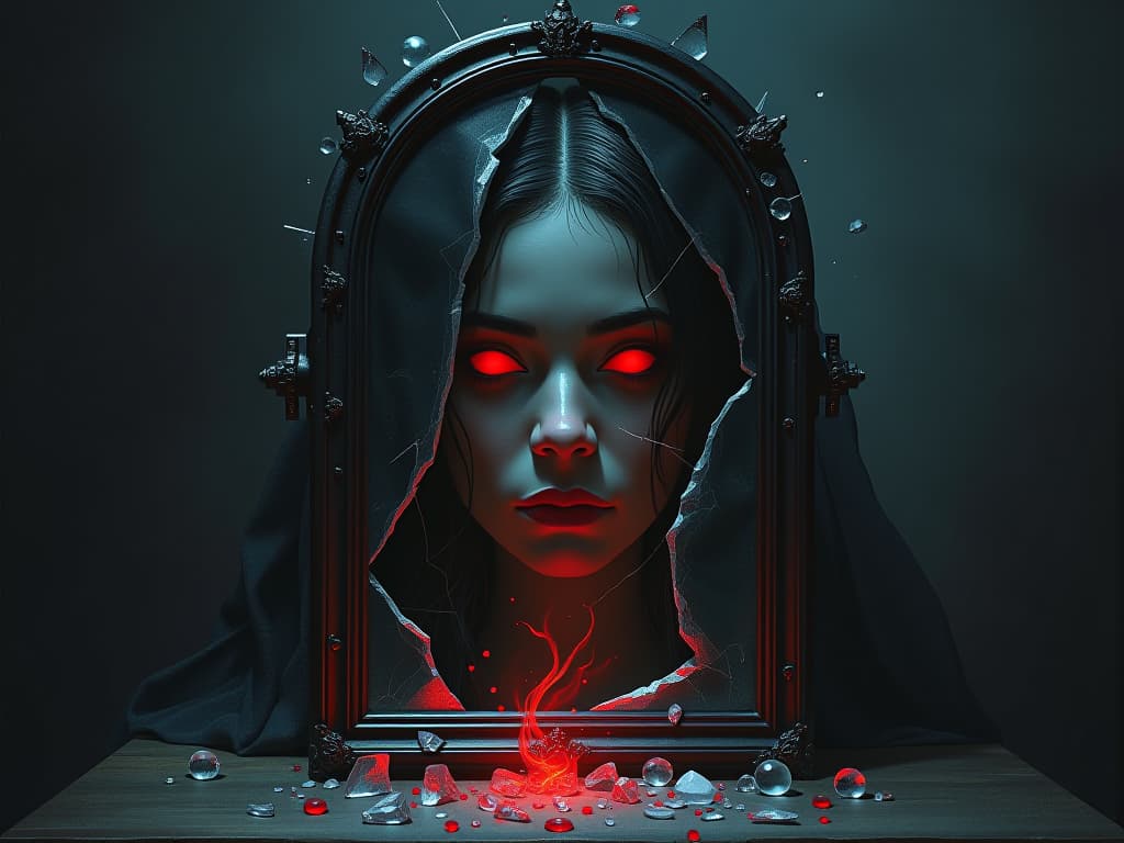  shattered mirror reflecting a person’s face, fragments of glass scattered, mystical beings with ethereal light surrounding the scene, dramatic and emotional mood. the style is dark fantasy and mysterious occult, symbolic, moody lighting, esoteric vibe,high detail on character design. for the color scheme emphasize blacks and reds.