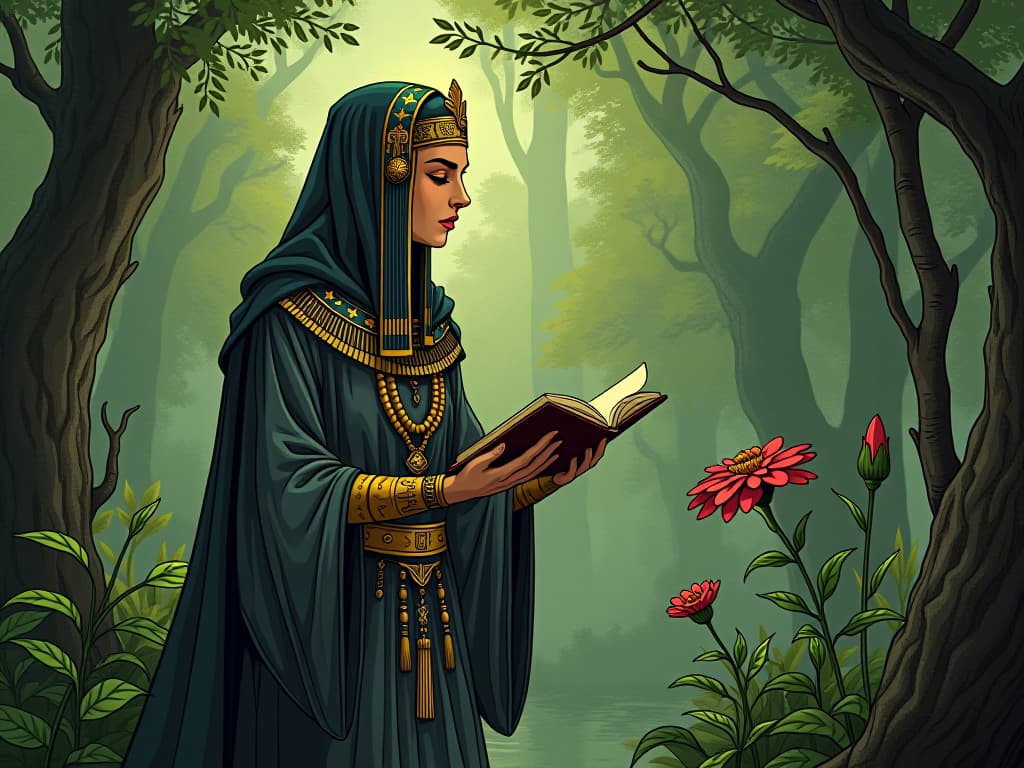  hildegard of bingen in a serene forest, studying plants with a sense of deep communion and understanding. the style is digital art illustration / modern comic book / mysterious occult, symbolic, esoteric vibe,high detail on character design, incorporating ancient egyptian symbology and attire.