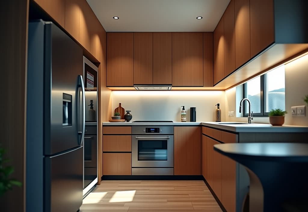  a landscape photo of a compact kitchen featuring a smart refrigerator with a touchscreen, hidden appliances behind sleek cabinet fronts, and voice activated faucet, shot from a low angle hyperrealistic, full body, detailed clothing, highly detailed, cinematic lighting, stunningly beautiful, intricate, sharp focus, f/1. 8, 85mm, (centered image composition), (professionally color graded), ((bright soft diffused light)), volumetric fog, trending on instagram, trending on tumblr, HDR 4K, 8K