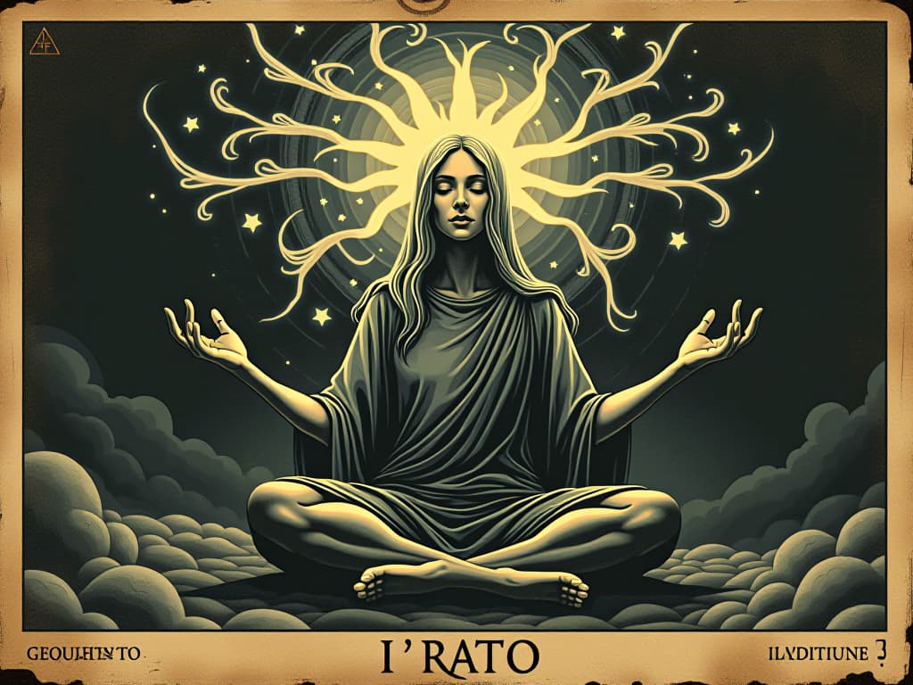  hands merging with air, meditation posture, swirls of energy, serene, meditative an illustration in the style of a worn, mystical old tarot trump card, mysterious and elements of surrealism. the colors are muted, somber and eerie, but with contrast bring out an occult and esoteric vibe.