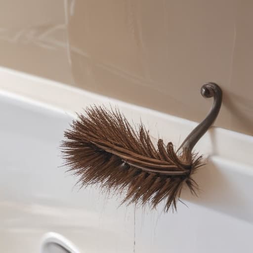 An image of a brush with strands of hair in it, on a white sink, under a bright bathroom light, detailed, realistic