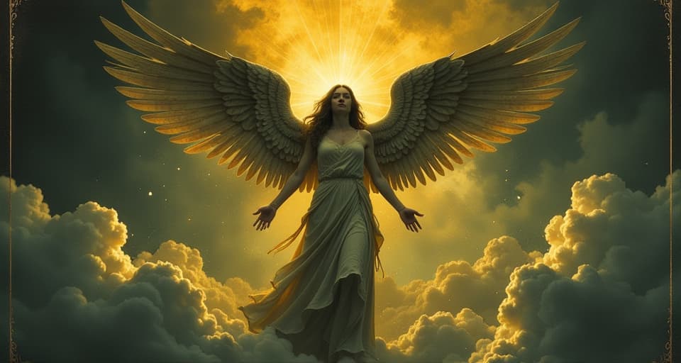  a figure with angelic wings, ascending above clouds, golden light emanating from the form, divine elevation, serene, exalted. an illustration in the style of a worn, mystical old tarot trump card, mysterious and elements of surrealism. the colors are muted, somber and eerie, but with contrast bring out an occult and esoteric vibe.