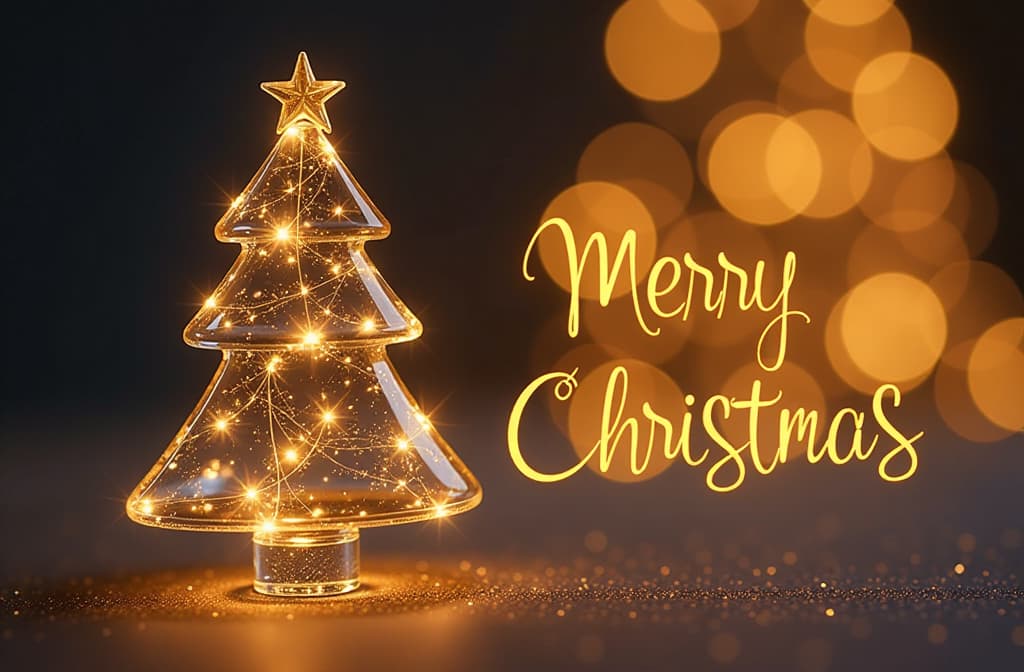  transparent glass christmas tree, golden glowing text “merry christmas”, festive golden bokeh background ar 3:2 {prompt}, maximum details