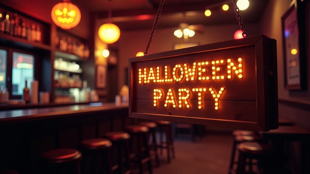  real estate photography style a sign that reads “halloween party” blurred background bar halloween decorations night lights pub ar 16:9 . professional, inviting, well lit, high resolution, property focused, commercial, highly detailed