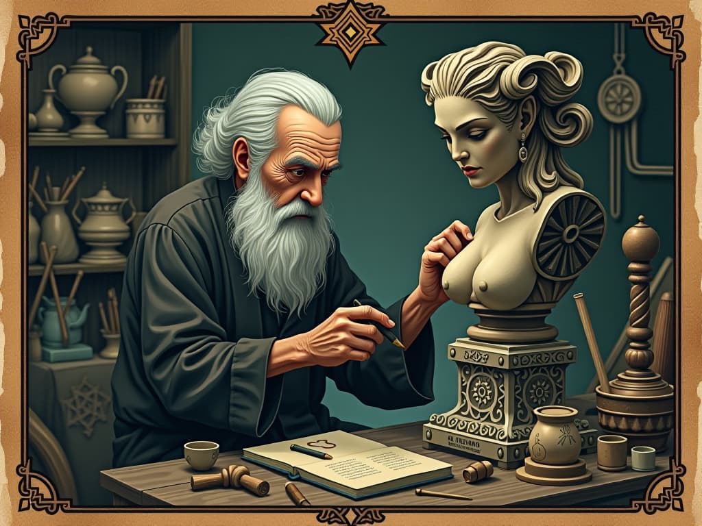  an elderly master craftsman, with wise eyes, working on a magnificent sculpture, ethereal workshop, tools of creation surrounding, divine artistry, dedication. an illustration in the style of a worn, mystical old tarot trump card, mysterious and elements of surrealism. the colors are muted, somber and eerie, but with contrast bring out an occult and esoteric vibe.