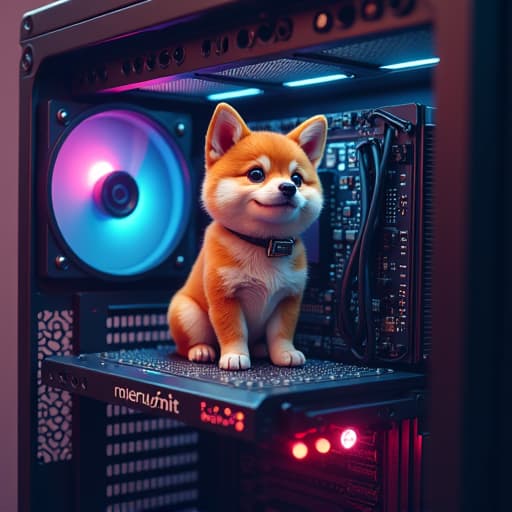  "cartoon style a miniature shiba inu dog, no larger than a computer chip, sits inside the interior of an open computer case. the tiny dog is perched on a circuit board, surrounded by towering components like large capacitors, intricate wiring, and metallic heatsinks. the word 'micron' is clearly written in bold letters on one of the nearby computer chips, glowing slightly. the shiba inu looks up with curious eyes, as if it's exploring this giant technological world, with glowing led lights casting colorful reflections across the metal surfaces. the scene has a futuristic, high tech vibe, blending the cute with the mechanical.", cartoon style, vibrant colors, simple shapes, bold outlines, from the perspective of an evil ai overlord's mind hyperrealistic, full body, detailed clothing, highly detailed, cinematic lighting, stunningly beautiful, intricate, sharp focus, f/1. 8, 85mm, (centered image composition), (professionally color graded), ((bright soft diffused light)), volumetric fog, trending on instagram, trending on tumblr, HDR 4K, 8K