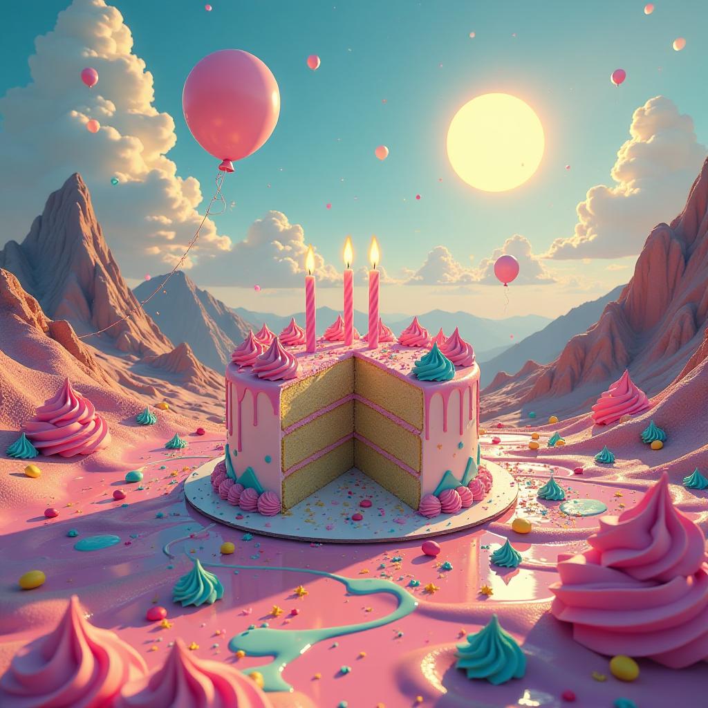  a surreal scene depicting a shattered birthday cake resting on a vibrant, swirling landscape. the remnants of colorful frosting scatter across the ground, while dreamlike elements, such as floating balloons and oversized candles, hover in the air. distant mountains melt into the background, and a sky filled with whimsical clouds and a glowing sun casts a warm, otherworldly light over the scene.