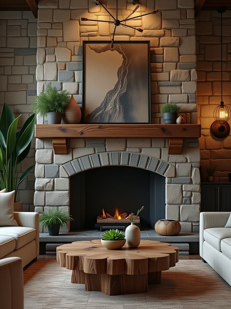  high quality portrait photo of a rustic living room with a stone accent wall, featuring a live edge wooden mantel and potted succulents hyperrealistic, full body, detailed clothing, highly detailed, cinematic lighting, stunningly beautiful, intricate, sharp focus, f/1. 8, 85mm, (centered image composition), (professionally color graded), ((bright soft diffused light)), volumetric fog, trending on instagram, trending on tumblr, HDR 4K, 8K