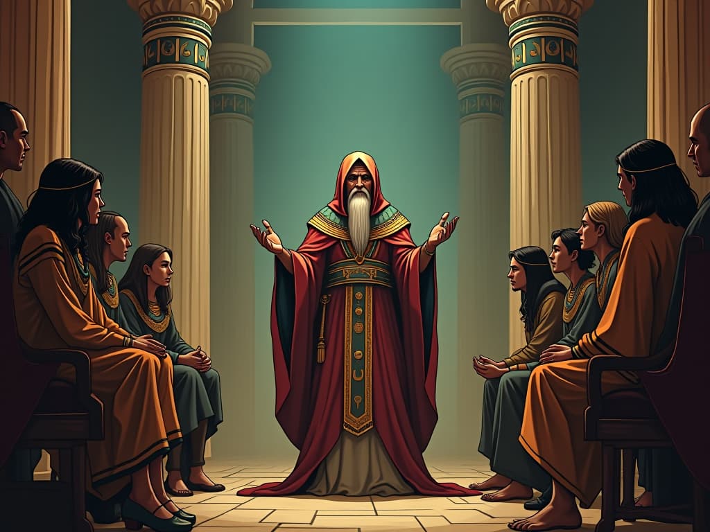  a wise elder in flowing robes, surrounded by attentive listeners in a sacred temple, discussing profound topics of life, death, and the soul, seeking elusive answers. the style is digital art illustration / modern comic book / mysterious occult, symbolic, esoteric vibe,high detail on character design, incorporating ancient egyptian symbology and attire.