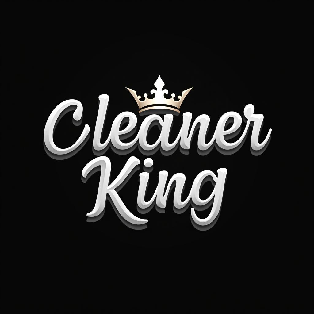  design a logo, « cleaner king » en écriture impact en blanc dans un fond noir avec une couronne blanche posé sur l’écriture.