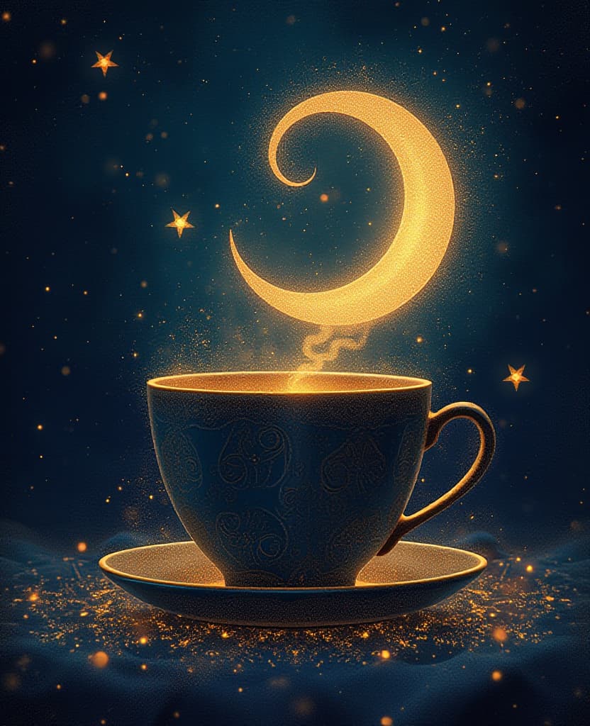  pointillism style digital mesmerizing mystical unreal image of a coffee cup, glow in the dark outline. background: night sky with mystical ornamental crescent moon, from which stardust and stars fall into the coffee cup. sparkles with sparks of magical power. with subtle texture and inner light. stylistics: renaissance, art nouveau, zentangle. in the manner of andrew jones, alphonse mucha, fragonard. high quality, 4k, intricate detail. . composed entirely of small, distinct dots of color, vibrant, highly detailed