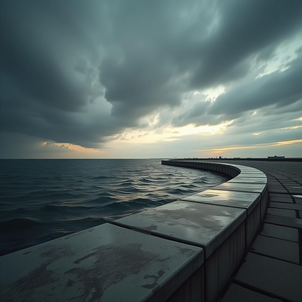  hyperrealistic art hdr foto, on concrete embankment of storm, orange color water in sea, grey tone sky, , curvy horizon line landscape , low angle view, 4k, artificial extremely high resolution details, photographic, realism pushed to extreme, fine texture, incredibly lifelike, complex background, uhd . extremely high resolution details, photographic, realism pushed to extreme, fine texture, incredibly lifelike