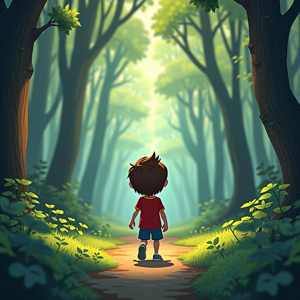  a cartoon character walking in a fantasy forrest, professional illustration, (4k, best quality, masterpiece:1.2), ultrahigh res, highly detailed, sharp focus, (perfect image composition)