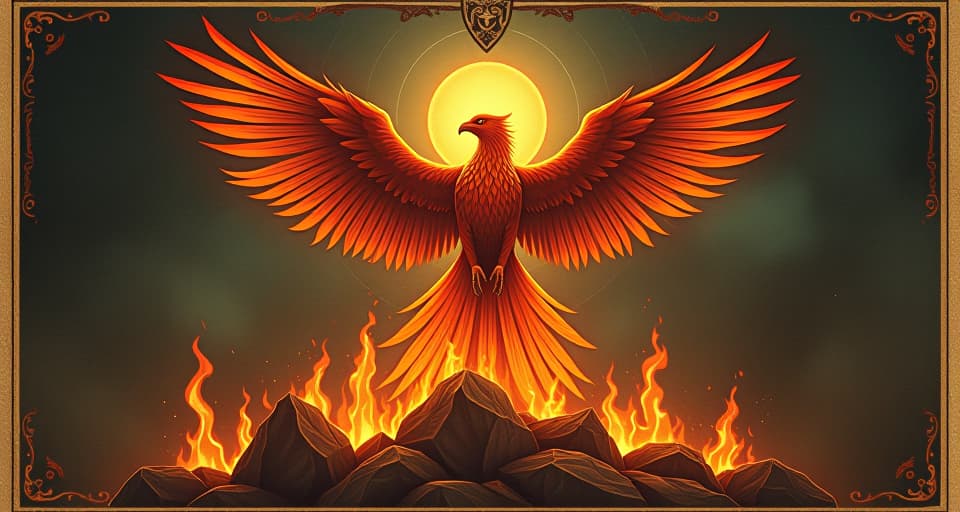  phoenix emerging from final flames, more radiant, glowing aura, intense transformation, powerful rebirth. an illustration in the style of a worn, mystical old tarot trump card, mysterious and elements of surrealism. the colors are muted, somber and eerie, but with contrast bring out an occult and esoteric vibe.