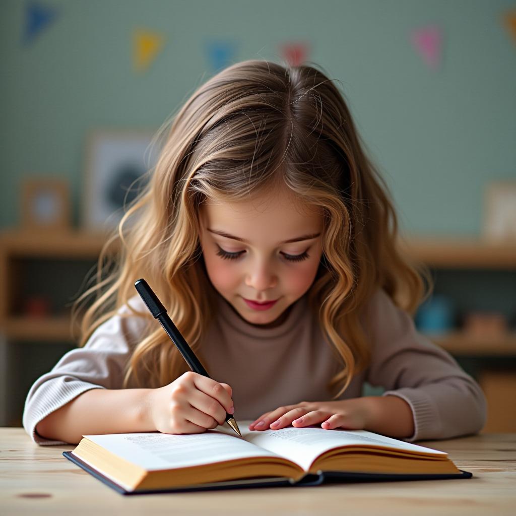  a little girl writes down her dreams in a diary.