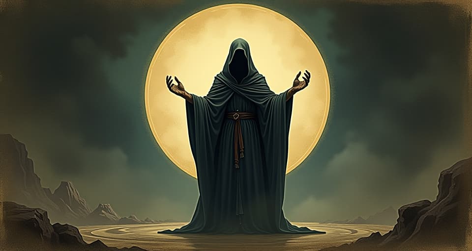  mysterious robed figure standing in a circle of light, defiant stance, dark surroundings, focused intensity. an illustration in the style of a worn, mystical old tarot trump card, mysterious and elements of surrealism. the colors are muted, somber and eerie, but with contrast bring out an occult and esoteric vibe.