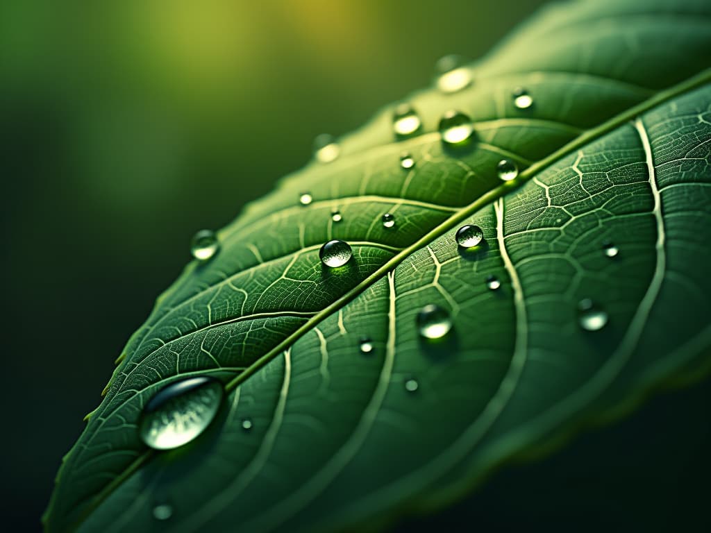  a close up of a leaf with intricate veins and patterns, droplets of dew glistening in the early morning light. the style is digital art illustration / modern comic book / mysterious occult, symbolic, esoteric vibe,high detail on character design, incorporating ancient egyptian symbology and attire.