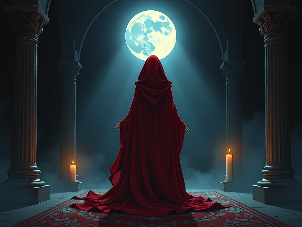  priestess in red attire, standing at altar, moonlight streaming in, sense of sacred duty and acceptance. the style is digital art illustration / modern comic book / graphic dark novel fantasy and mysterious occult, symbolic, moody lighting, esoteric vibe,high detail on character design. for the color scheme emphasize blacks and reds.