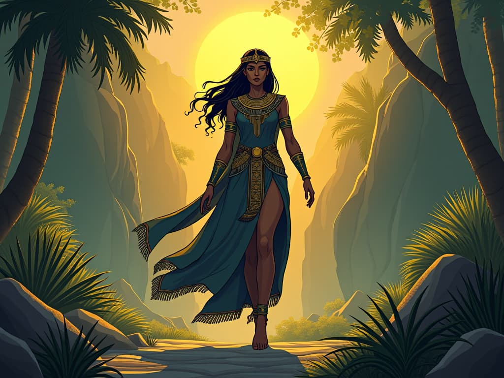  a regal presence, adorned in ancient, intricately designed attire, moving gracefully through a lush landscape, radiating an aura of power and serenity. the style is digital art illustration / modern comic book / mysterious occult, symbolic, esoteric vibe,high detail on character design, incorporating ancient egyptian symbology and attire.