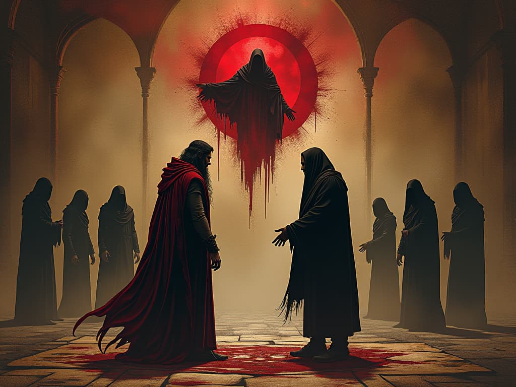  ancient parchment illustrating judas's betrayal, faded inks, judas avoiding other figures, shadowy aura of guilt and fear. the style is dark fantasy and mysterious occult, symbolic, moody lighting, esoteric vibe,high detail on character design. for the color scheme emphasize blacks and reds.