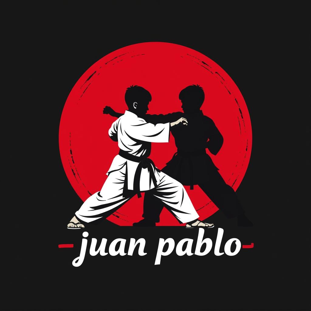  design a logo, in a minimalism style. logotipo de emblema, con el texto escrito ‘juan pablo”’, tema de tae kwon do , negro blanco y rojo, incluye silueta de joven combatiendo en tae kwon do