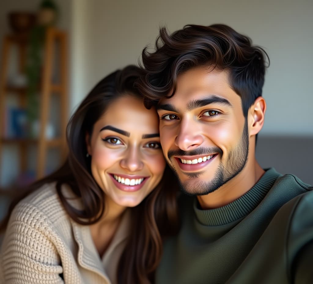  happy young latin couple looking at camera, at home