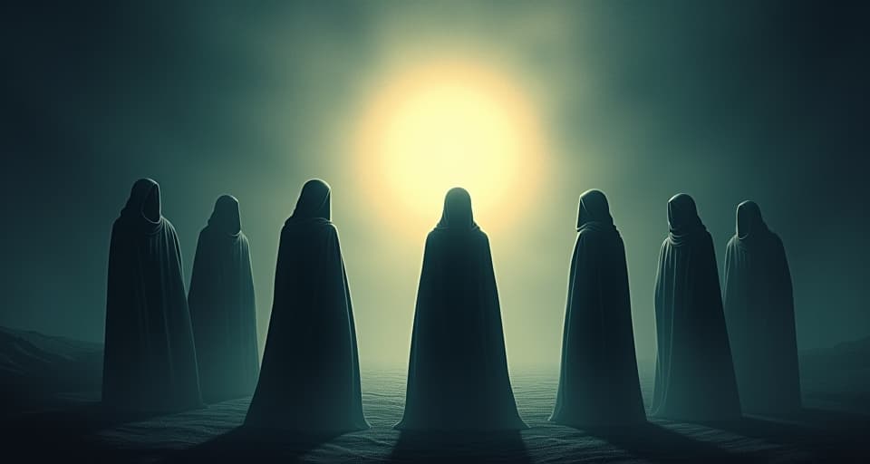  a group of shadowy figures standing in a circle, frowning in deep confusion. in the center, a radiant light they cannot comprehend.. the style is digital art illustration,highly detailed, whimsical,magical, dreamlike atmosphere, realism and fantasy blend, smooth, glossy textures,luminous quality, wonder and enchantment.