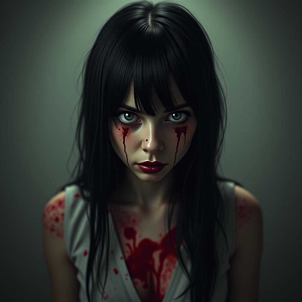  the young woman has black hair., bloodstainai, horror, fear