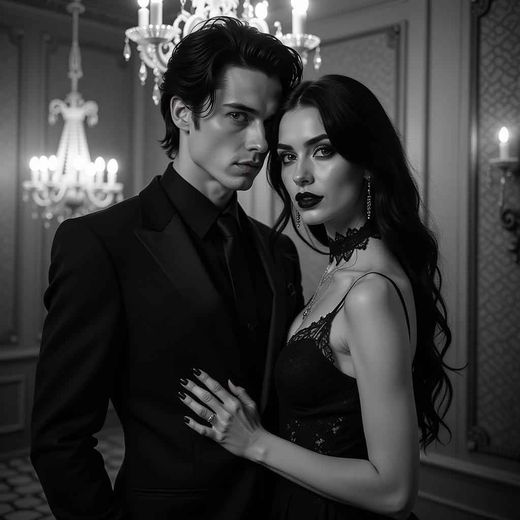  a striking gothic man and woman stand together at an elegant gothic party, surrounded by intricate candlelit decorations. the man has sharp features and tousled black hair, wearing a tailored dark suit adorned with subtle lace details. the woman has long flowing hair cascading over a vintage lace gown, her striking makeup accentuating her piercing eyes. the entire scene is rendered in monochrome, showcasing rich shades of black, white, and gray, highlighting the dramatic contrast and ethereal beauty of their surroundings.