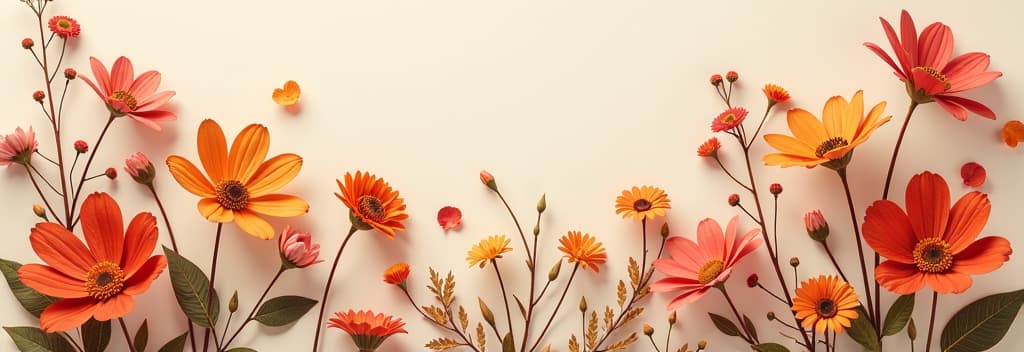  autumn composition made of beautiful flowers on light backdrop. floristic decoration. natural floral background. ar 3:1 {prompt}, maximum details