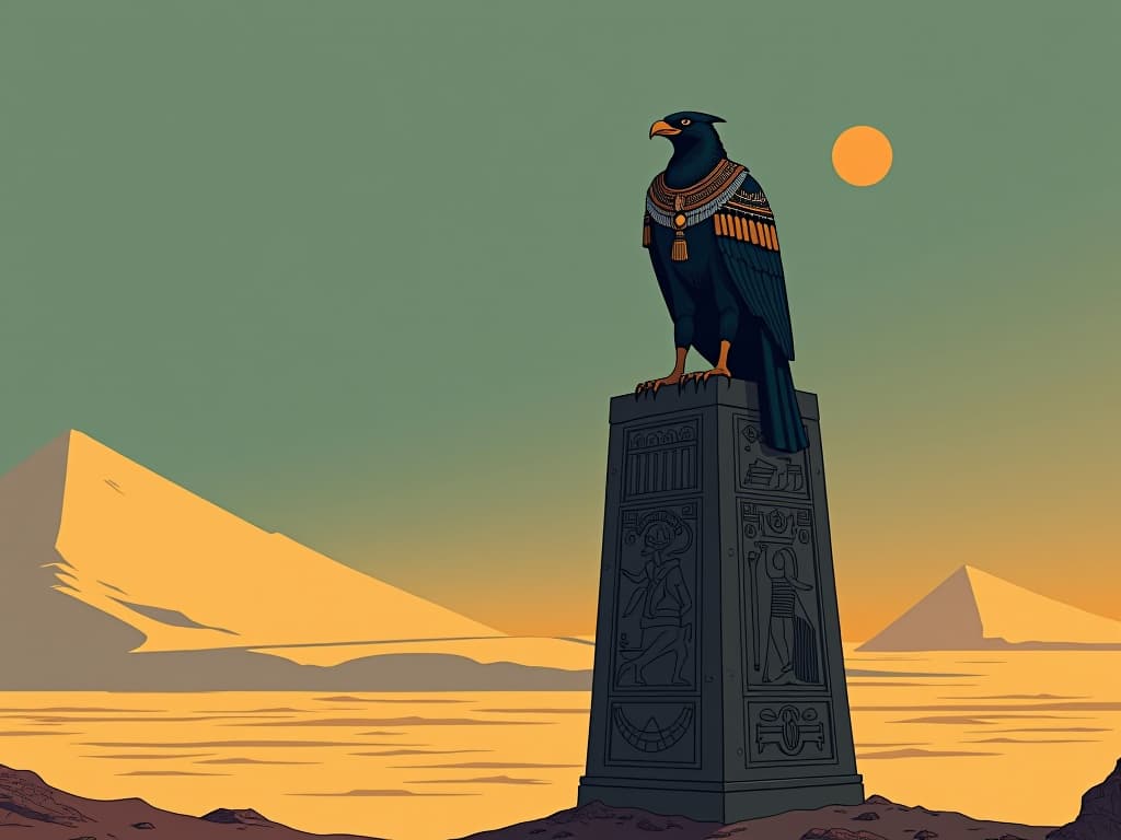  horus, falcon headed god, perching silently on a carved obelisk, watching over an open desert, mood of silent observation. the style is digital art illustration / modern comic book / mysterious occult, symbolic, esoteric vibe,high detail on character design, incorporating ancient egyptian symbology and attire.