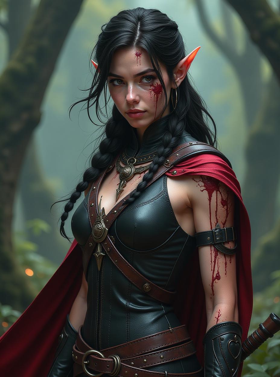  half elf blood hunter with cursed blood running through veins, high quality, high details, hd, perfect composition, 4k epic detailed, highly detailed, sharp focus, high resolution